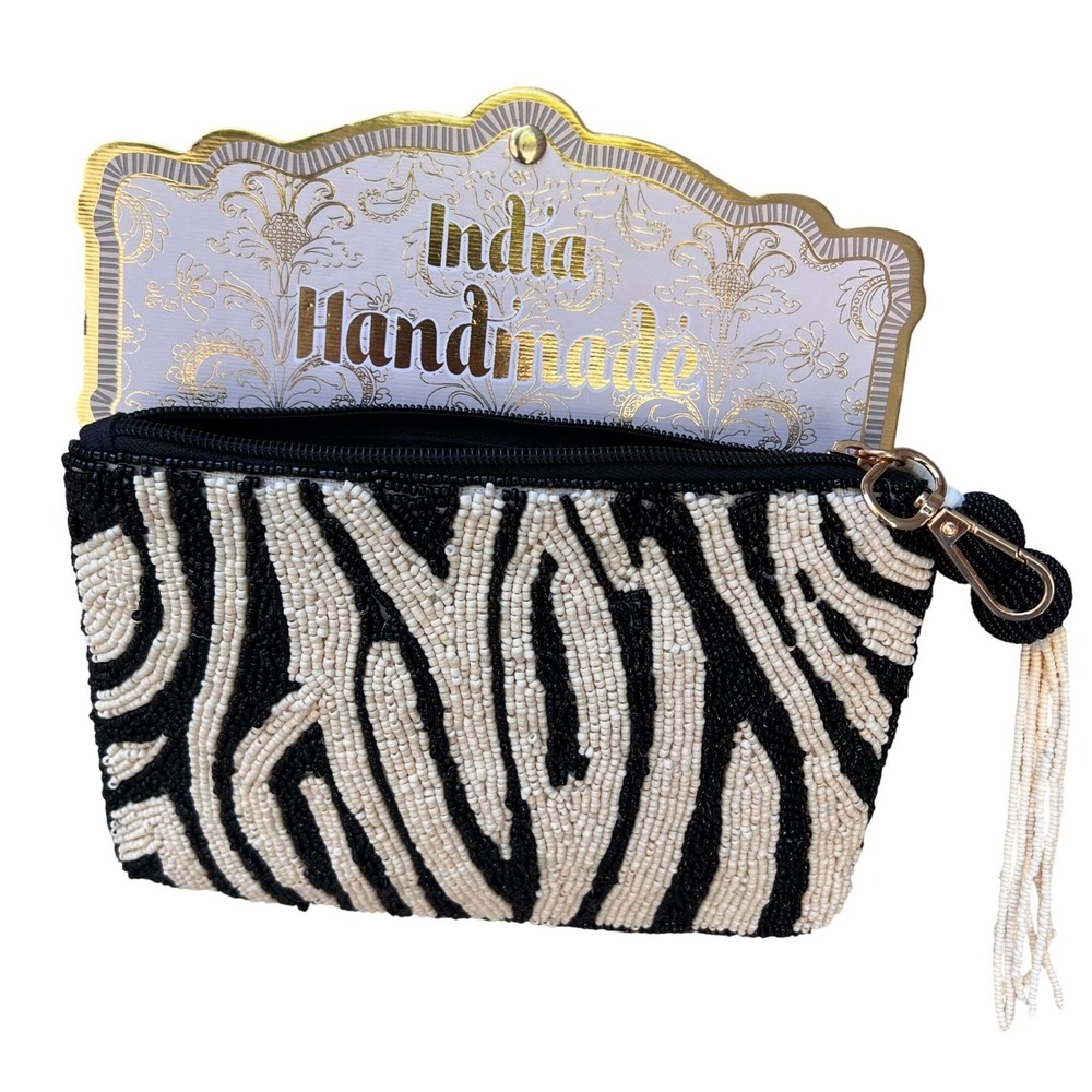 TikTok viral India Handmade Beaded Zebra Stripe Clutch Black Ivory Tassel NWT